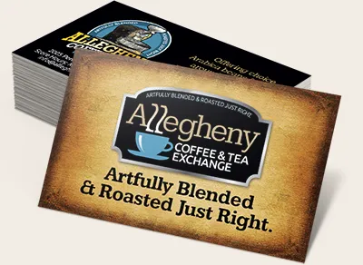 Business card with "Artfully Blended & Roasted Just Right tagline