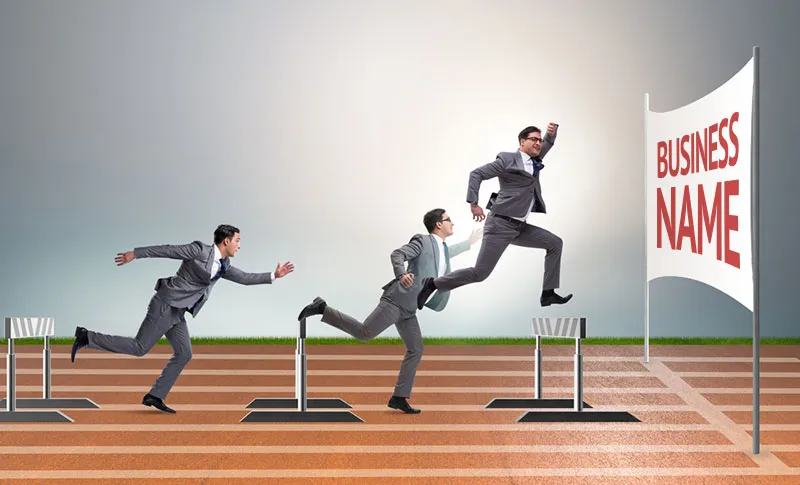 3 businessmen racing to a finish line with a banner that reads "Business Name"