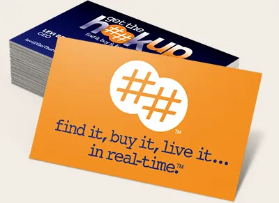 Business card with "Find it, buy it, live it ... in real-time." tagline