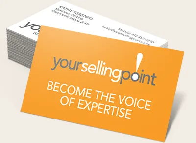 Business card with "Become the Voice of Expertise." tagline