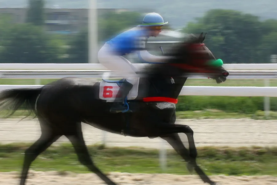 Jockey on horse during race, all blurred