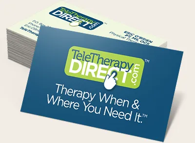 Business card with "Therapy When & Where You Need It." tagline